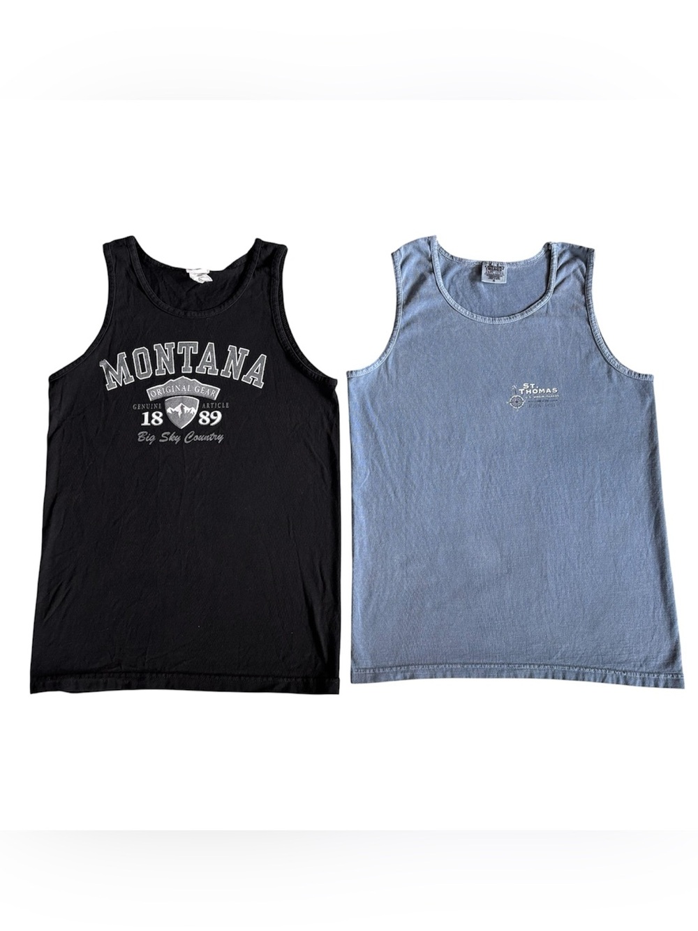 Men's small tank tops in black and blue/grey 100% cotton.